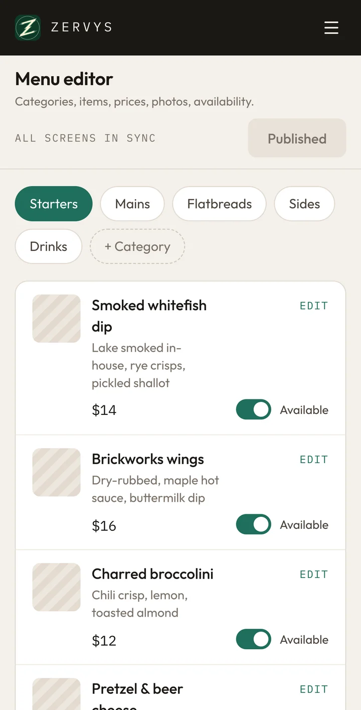The Zervys dashboard on a phone: the menu editor, with each dish, its price and an Available switch.
