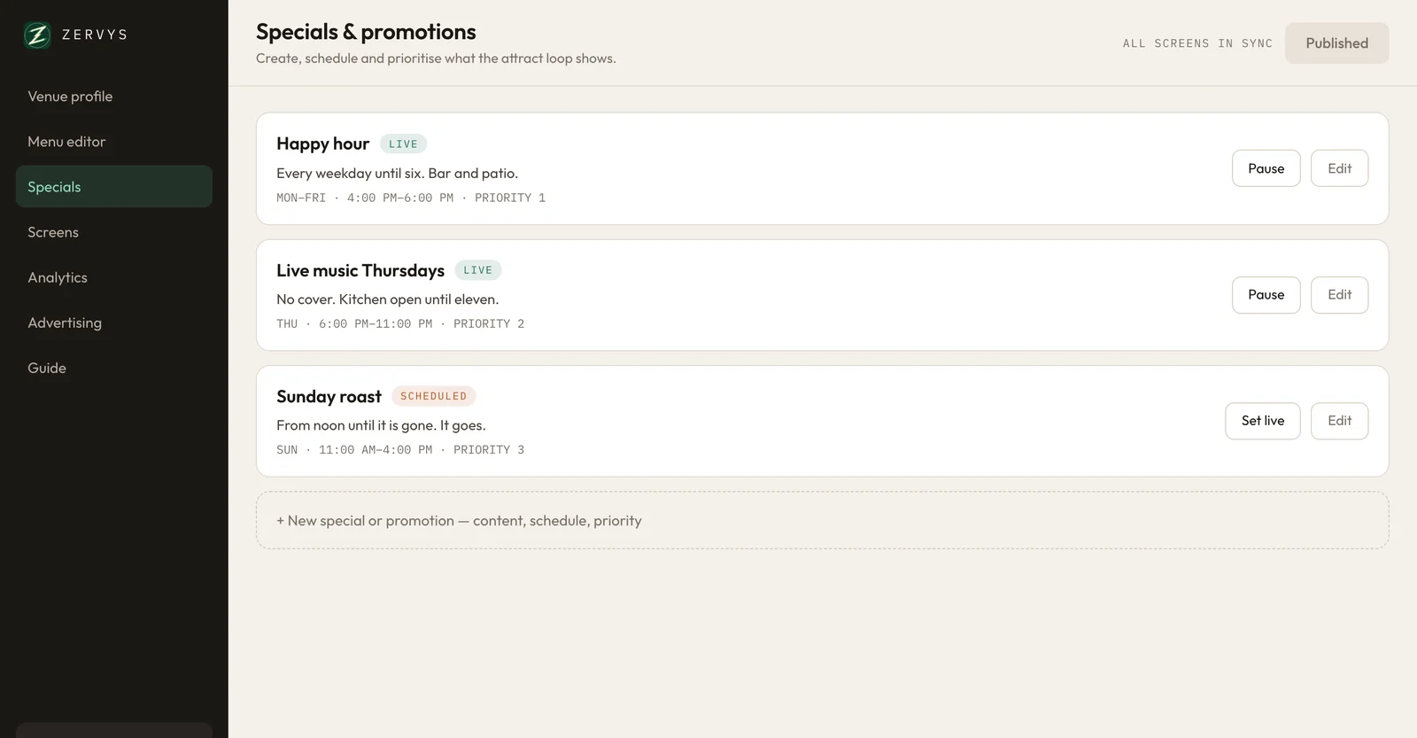 The Zervys dashboard on a computer, listing three specials with their schedules.