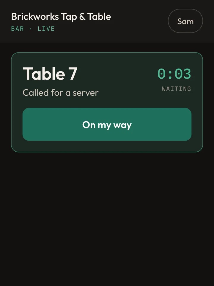 The staff screen on a phone: Table 7 called for a server three seconds ago, with an On my way button.
