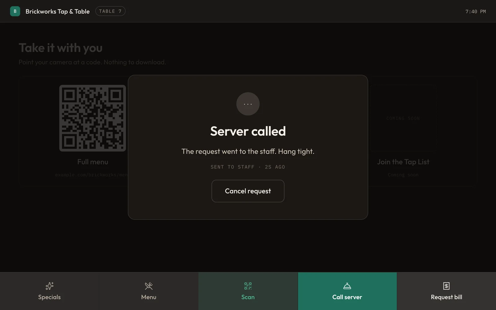 A table screen saying Server called: the request went to the staff.