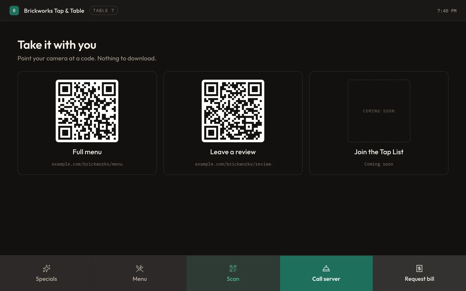 A table screen showing QR codes for the full menu and for leaving a review.